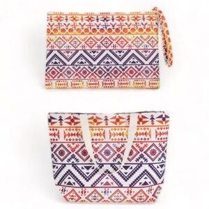 Boho Set Vibrant Ethnic Print Shoulder Strap Tote Bag w/ Matching Wristlet